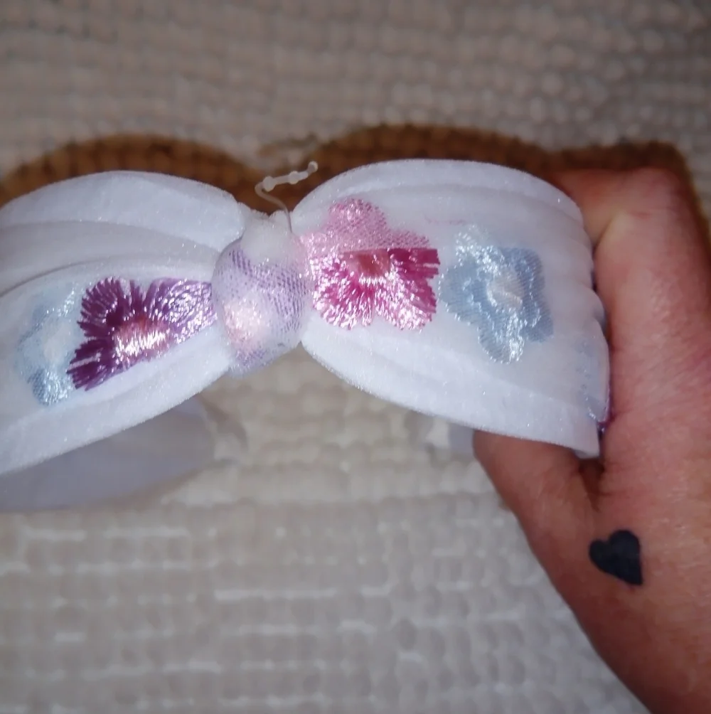 Boutique White Floral Embroidered Wide Headband | Knotted Tulle Over Flowers